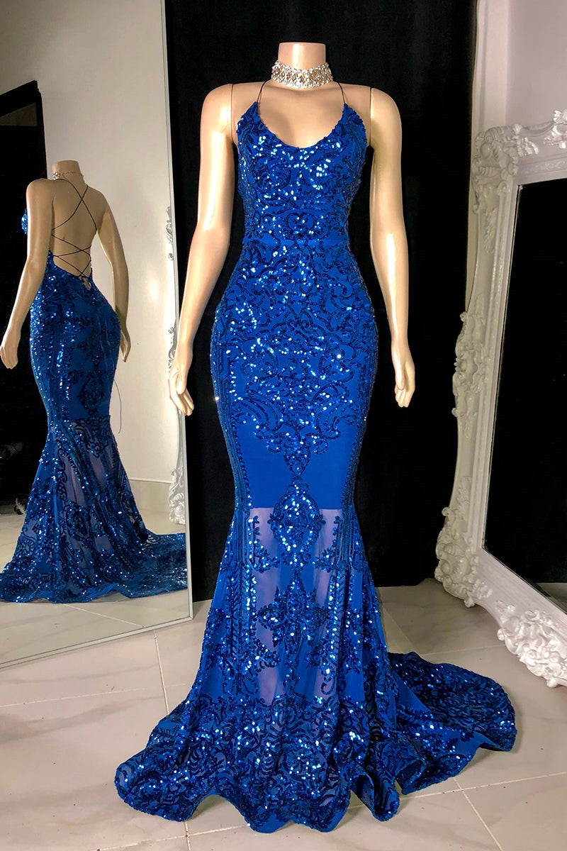 Modest Halter V-Neck Sleeveless Mermaid Prom Dress Sequins Long-Showprettydress