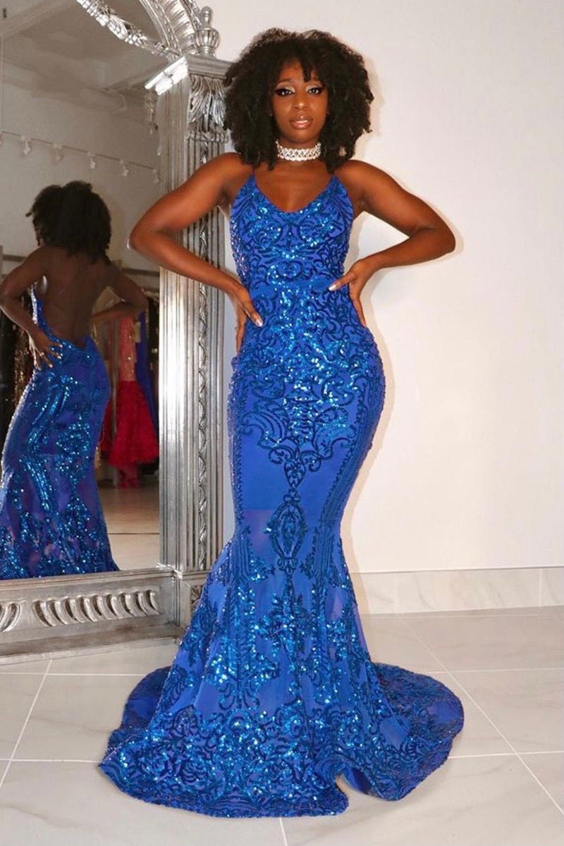Modest Halter V-Neck Sleeveless Mermaid Prom Dress Sequins Long-Showprettydress