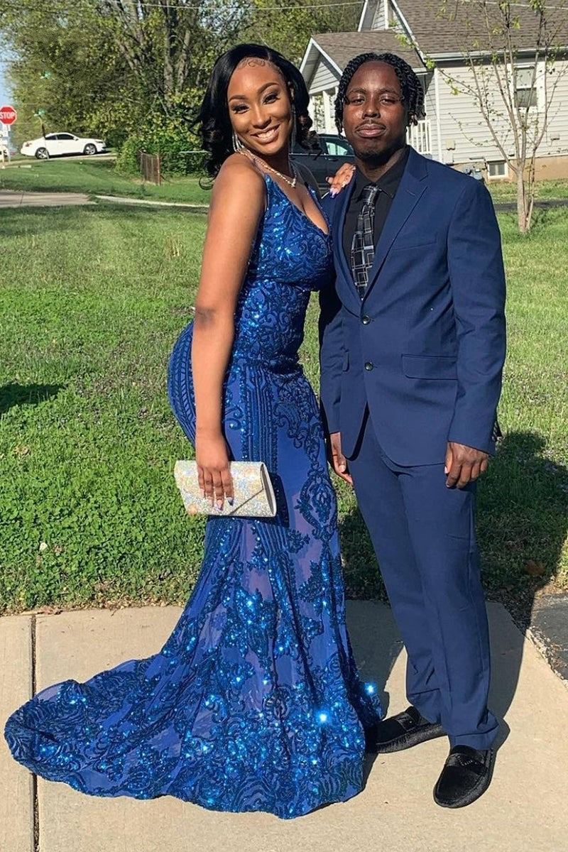 Modest Halter V-Neck Sleeveless Mermaid Prom Dress Sequins Long-Showprettydress