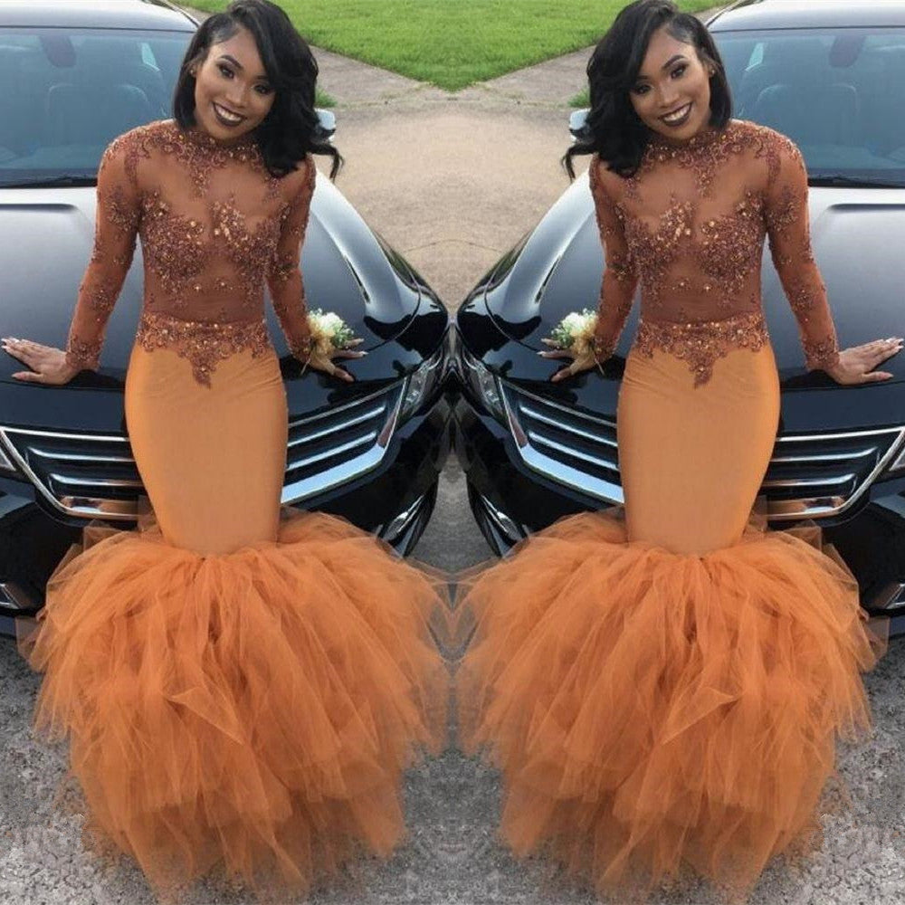 Modest Lace Appliques Mermaid Long Sleeves Prom Party Gowns-showprettydress