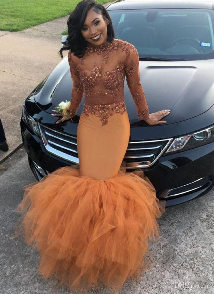 Modest Lace Appliques Mermaid Long Sleeves Prom Party Gowns-showprettydress