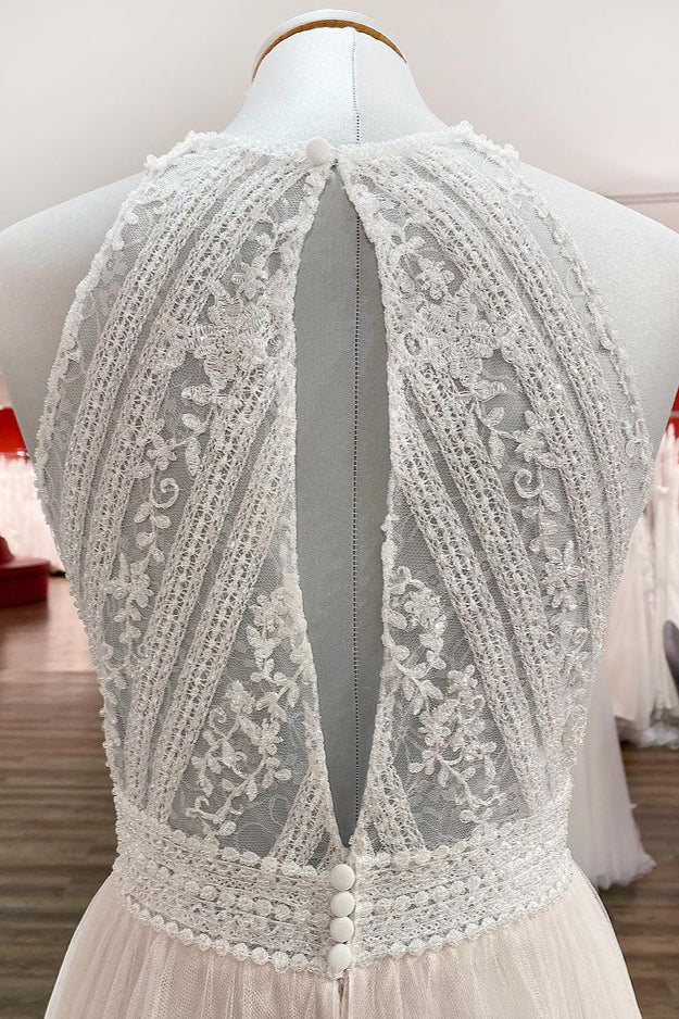 Modest Long A-line Halter Tulle Lace Backless Wedding Dresses-showprettydress