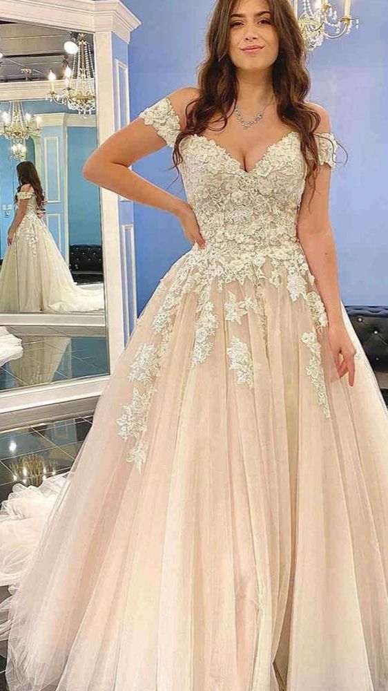 Modest Long A-line Off-the-Shoulder Tulle Lace Wedding Dress-showprettydress