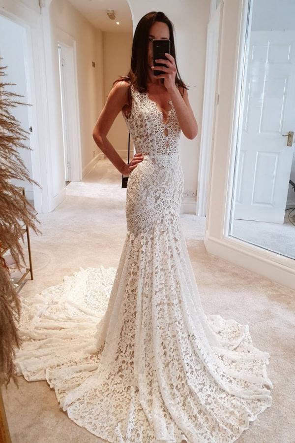 Modest Long Mermaid V-neck Open Back Lace Wedding Dress-showprettydress