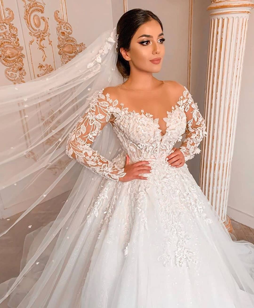 Modest Long Princess Tulle Lace Wedding Dress with Sleeves-showprettydress