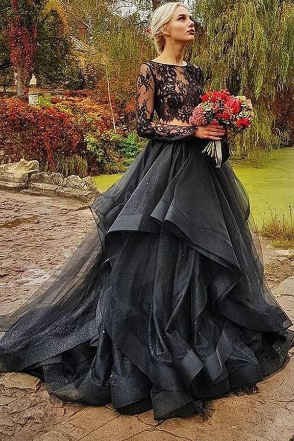 Modest Long Two Piece Tulle Lace Puffy Black Wedding Dress With Sleeve Modest Long Two Piece Tulle Lace Puffy Black Wedding Dress With Sleeve