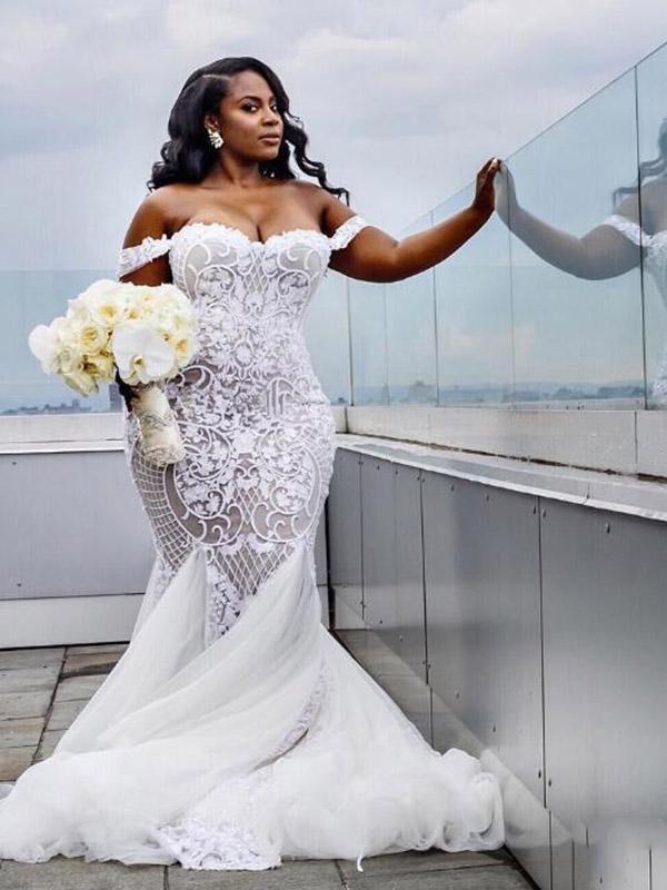 modest long sleeve mermaid wedding dress Modest Plus Size Long Mermaid Off-the-Shoulder Lace Wedding Dresses