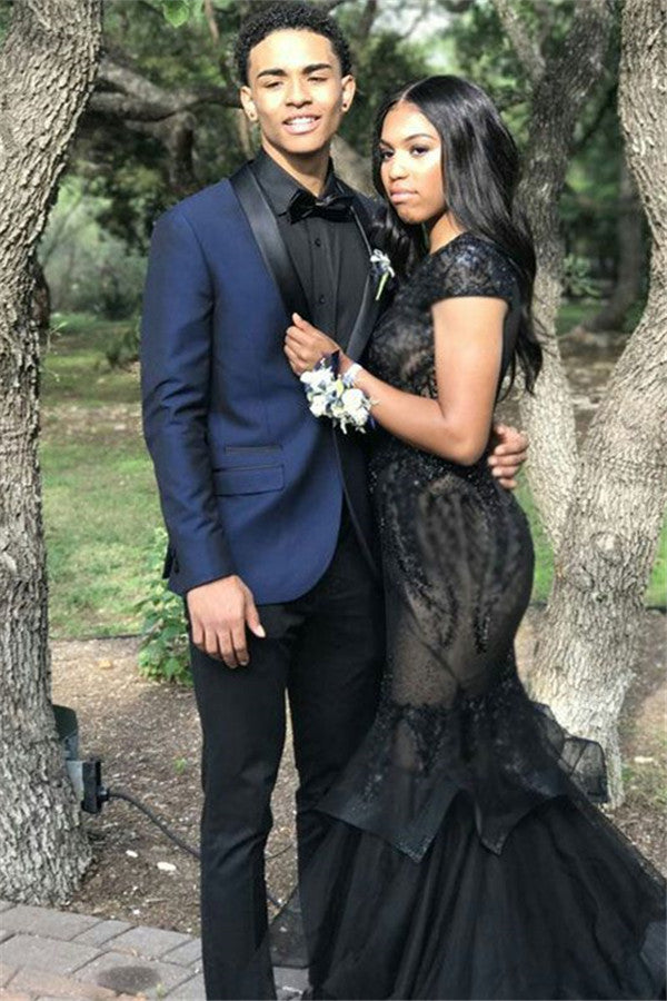 blue dress for baby girl Navy Blue Two-Piece Slim Fit Prom Mens Suits with Black Silk Lapel