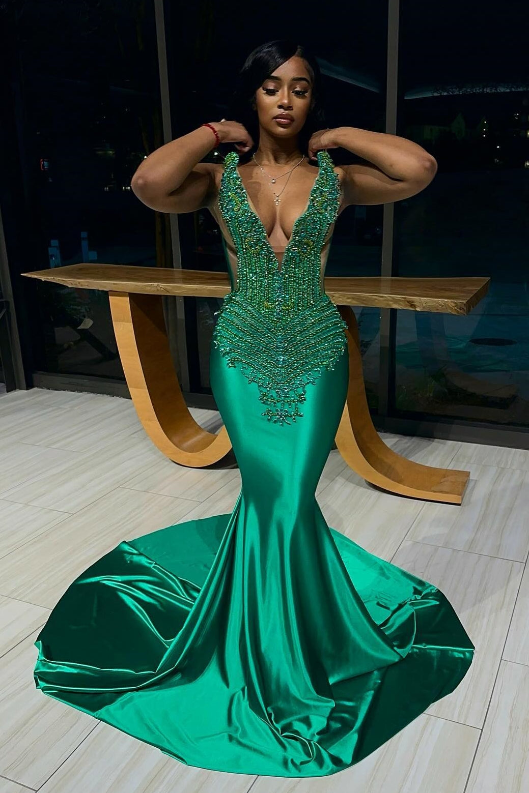 New Arrival Green Halter Lace Up Mermaid Crystal Prom Dresses-showprettydress
