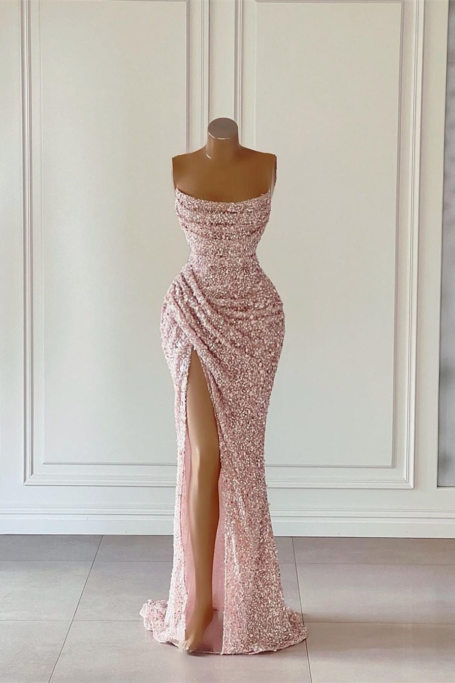 New Arrival Long Mermaid Pink Sequins Sleeveless Formal Evening Dresses With Split-showprettydress
