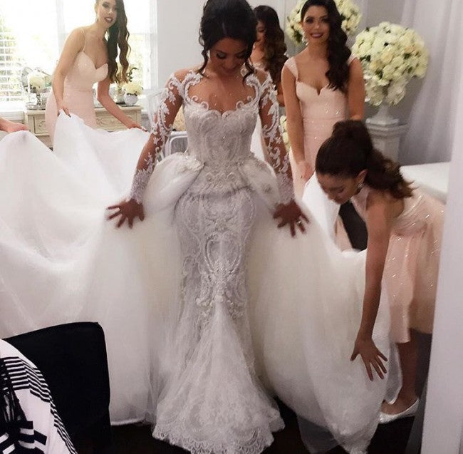 New Arrival Long Sleevess Sheath Wedding Dresses Lace Appliques Bridal Gowns with Detachable Train-showprettydress