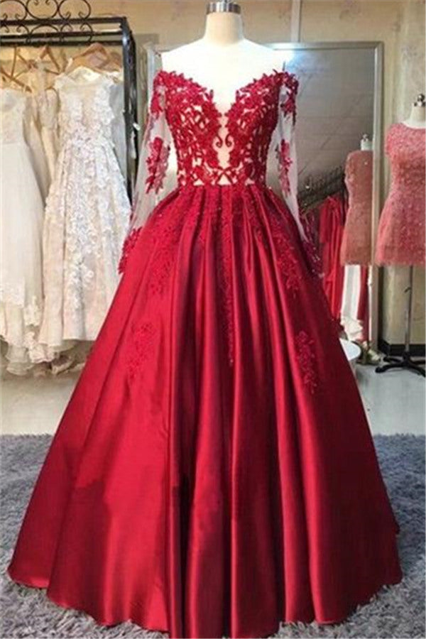 strapless open back dress New Arrival Red Prom Dresses Off-the-Shoulder Lace Appliques Long Slee