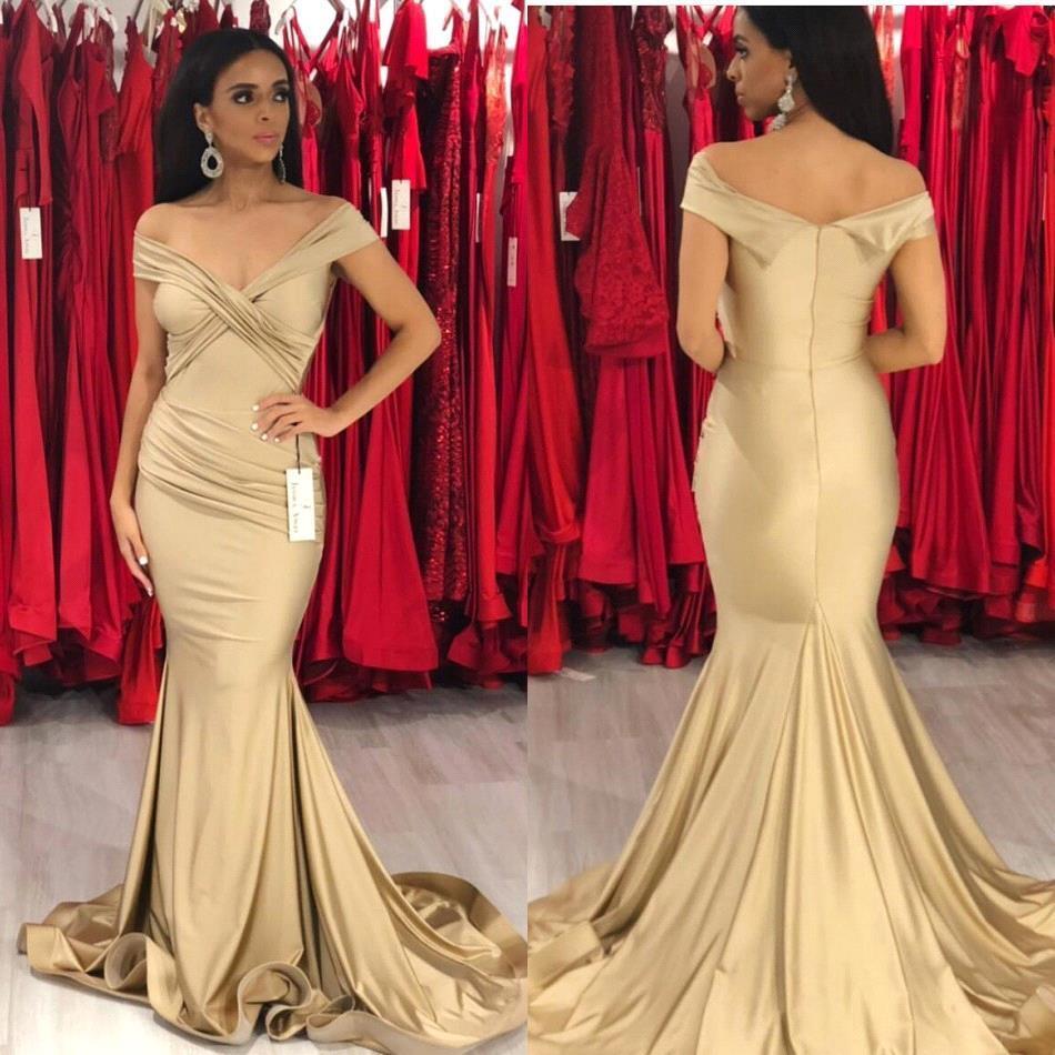 New Off-the-Shoulder Stretch Satin Plicated V-neck Floor Length Prom Dresses Mermaid Sleeveless Champagne Evening Gowns-showprettydress