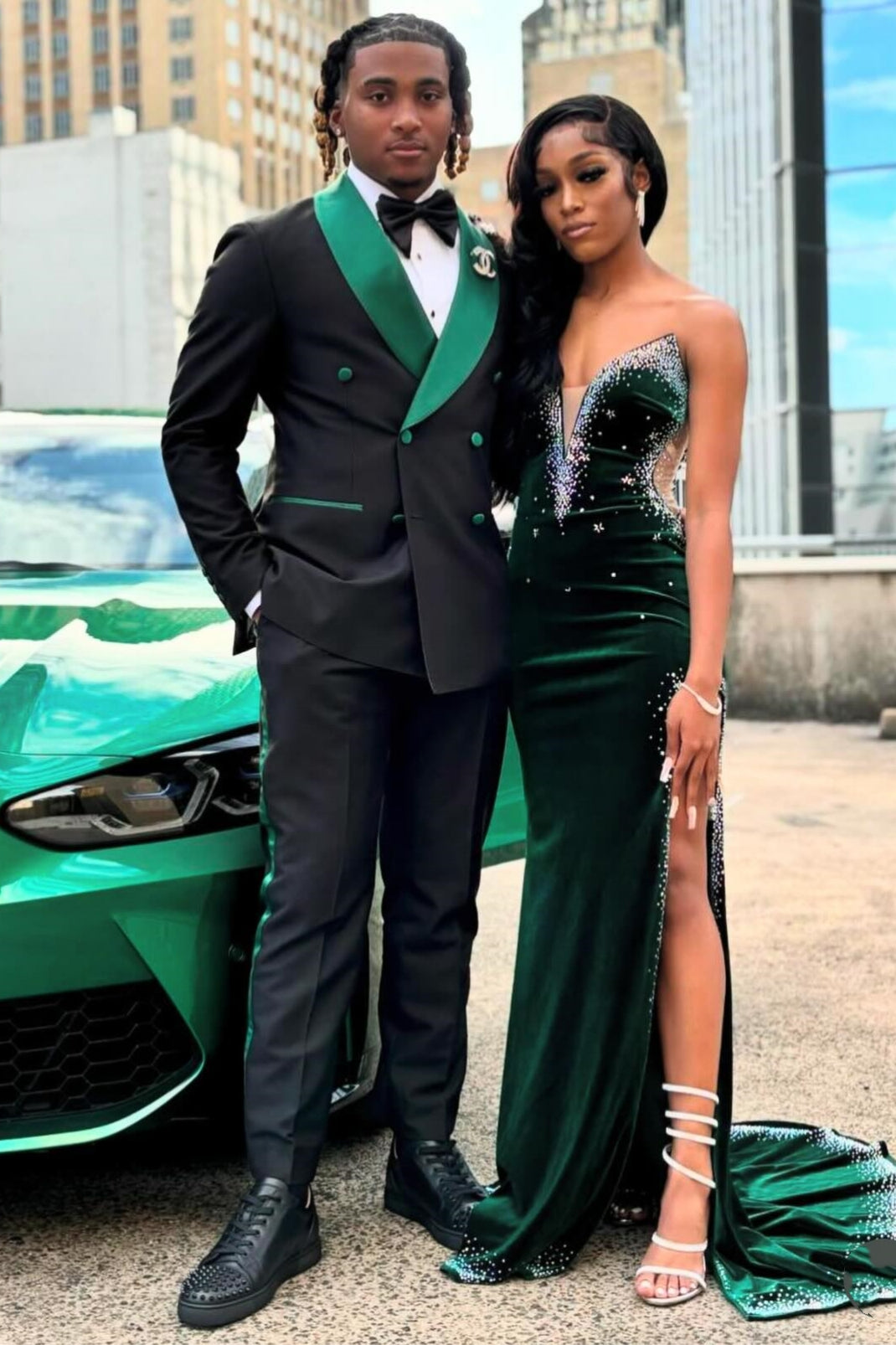 Newest Dark Green Velvet Sweetheart Side Slit Prom Dress with Beads-showprettydress