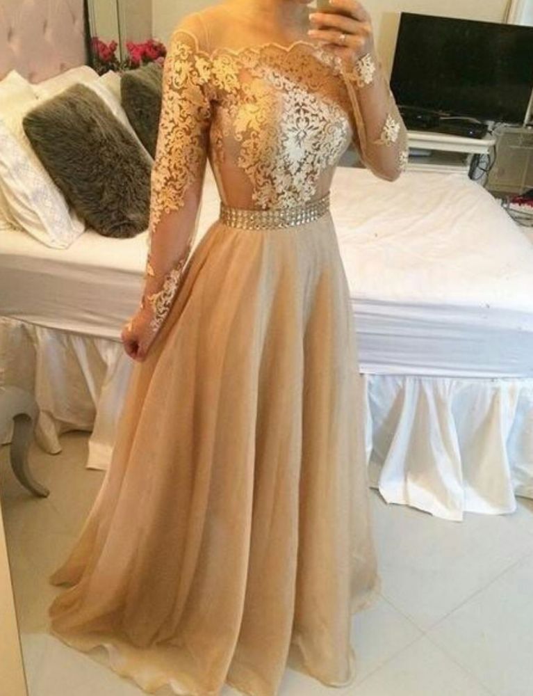 Off Shoulder Long Sleevess Sheer Prom Dresses A-line Crystals Chic Formal Evening Gowns-showprettydress