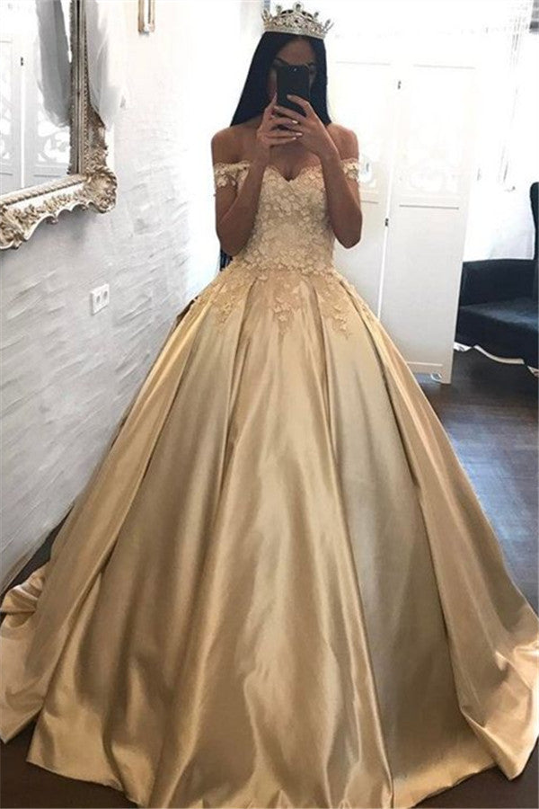 Off-the-Shoulder Champagne Gold Ball Gown Evening Dress Appliques Quinceanera Dresses-showprettydress