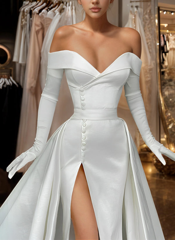 Off-The-Shoulder Court Train Satin Wedding Dresses Detachable Train-Showprettydress