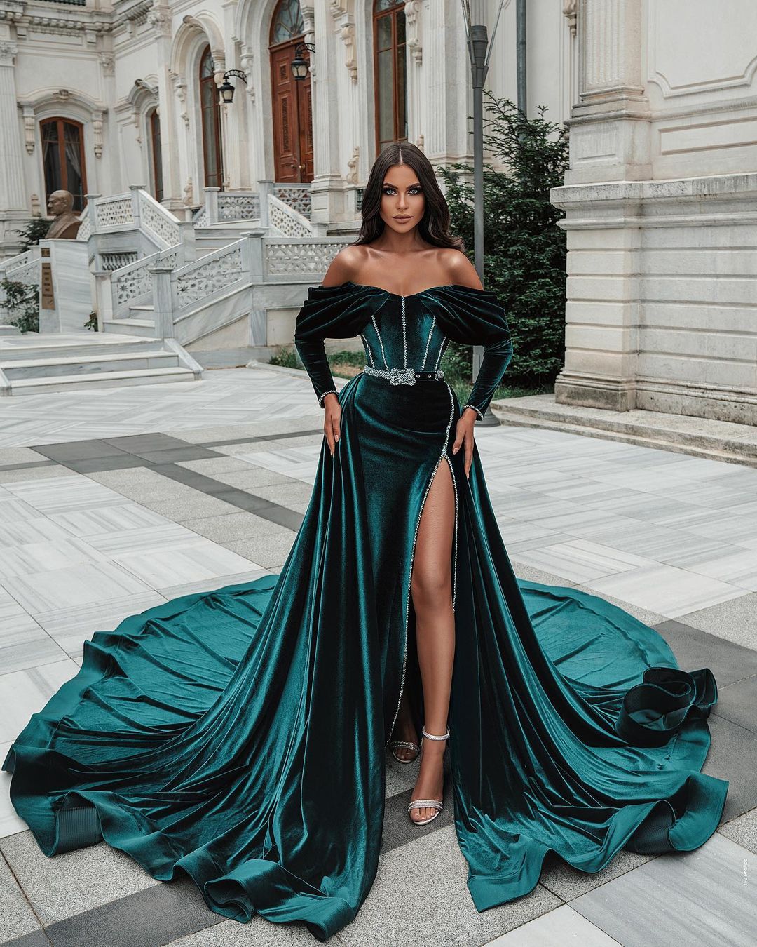 Off the shoulder Dark Green Velvet High split Prom Dress with detachable train-showprettydress