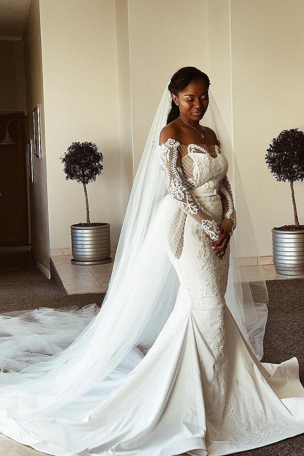 chinese dress ladies Off The Shoulder Floral Appliques Mermaid Wedding Dresses Long Sleeves  Pleated Bridal Gowns