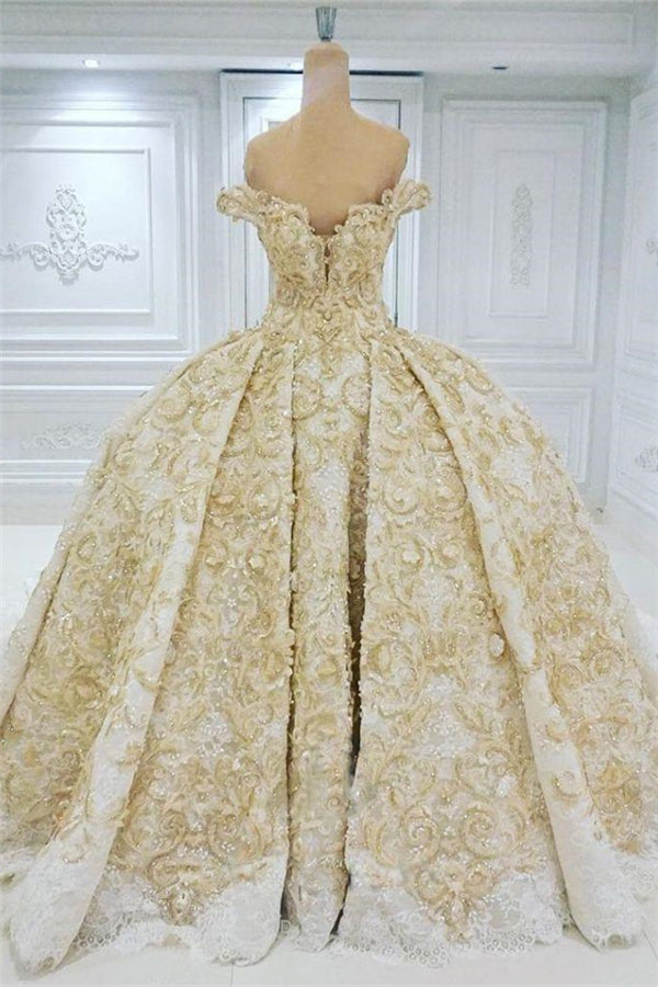 Off the shoulder Golden Lace Appliques Formal Ball Gown Wedding Dress-showprettydress