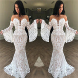 Off-the-Shoulder Lace Evening Dress Chic Strapless Bell Sleeves Prom Dresses-showprettydress