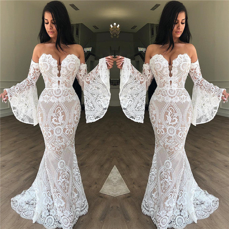 Off-the-Shoulder Lace Evening Dress Chic Strapless Bell Sleeves Prom Dresses-showprettydress