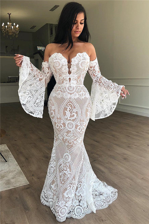 Off-the-Shoulder Lace Evening Dress Chic Strapless Bell Sleeves Prom Dresses-showprettydress