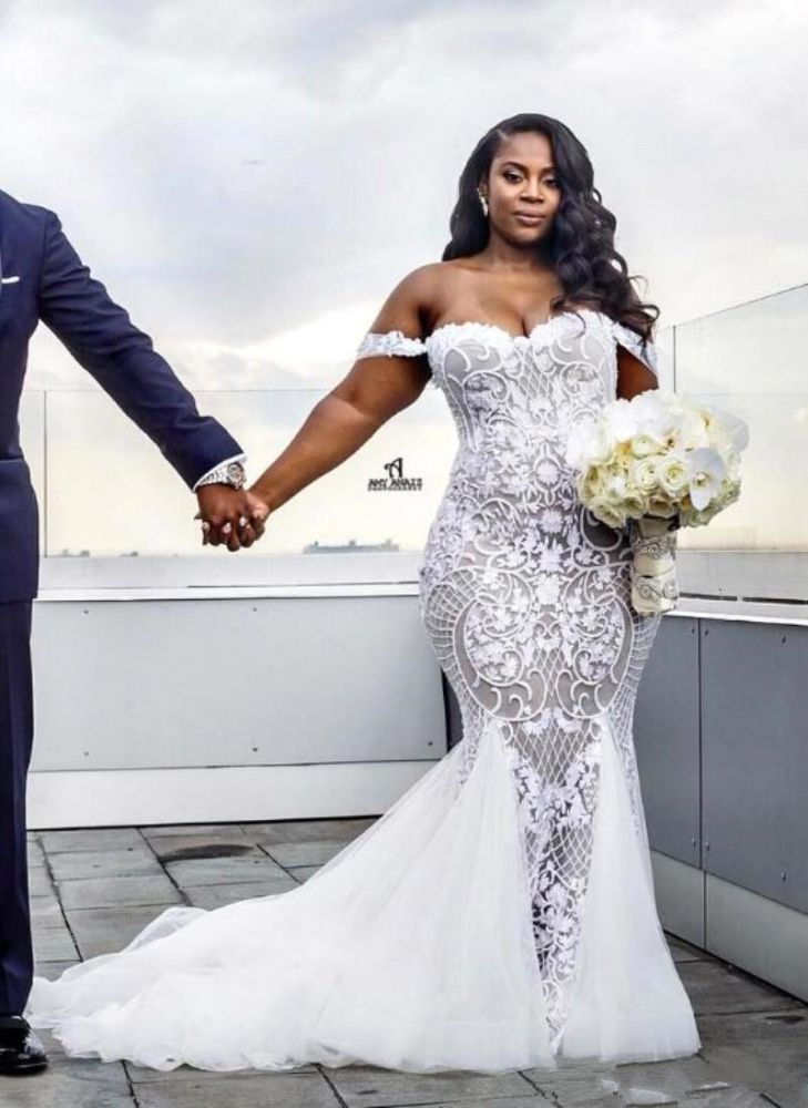 Off the shoulder Lace Mermaid Plus Size Wedding Dresses-showprettydress
