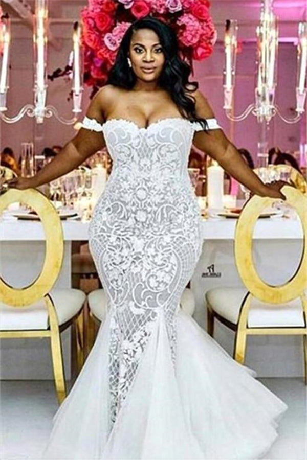 Off the shoulder Lace Mermaid Plus Size Wedding Dresses-showprettydress