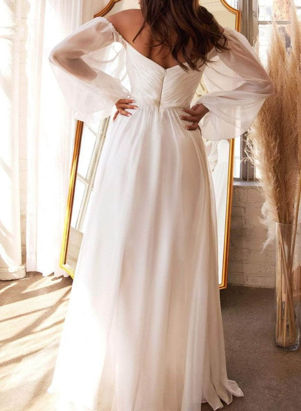 Off-the-Shoulder Long Sleeves Chiffon Floor-Length Wedding Dress-Showprettydress