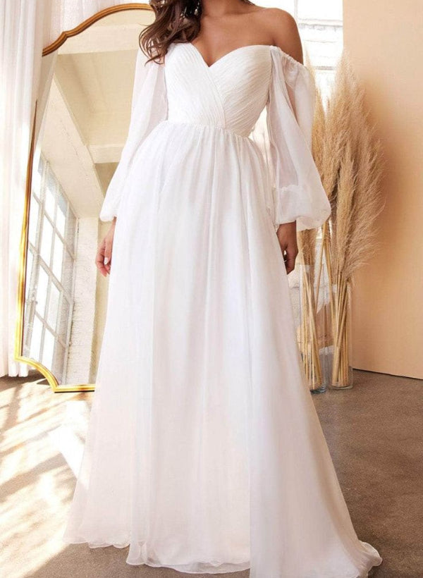 Off-the-Shoulder Long Sleeves Chiffon Floor-Length Wedding Dress-Showprettydress