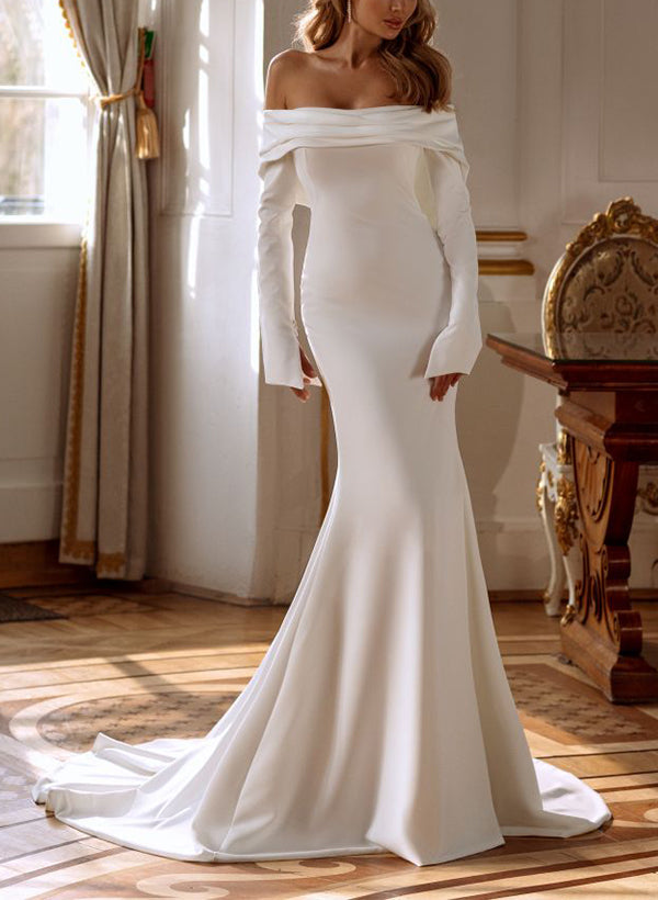 Off-The-Shoulder Long Sleeves Elastic Satin Wedding Dress-Showprettydress