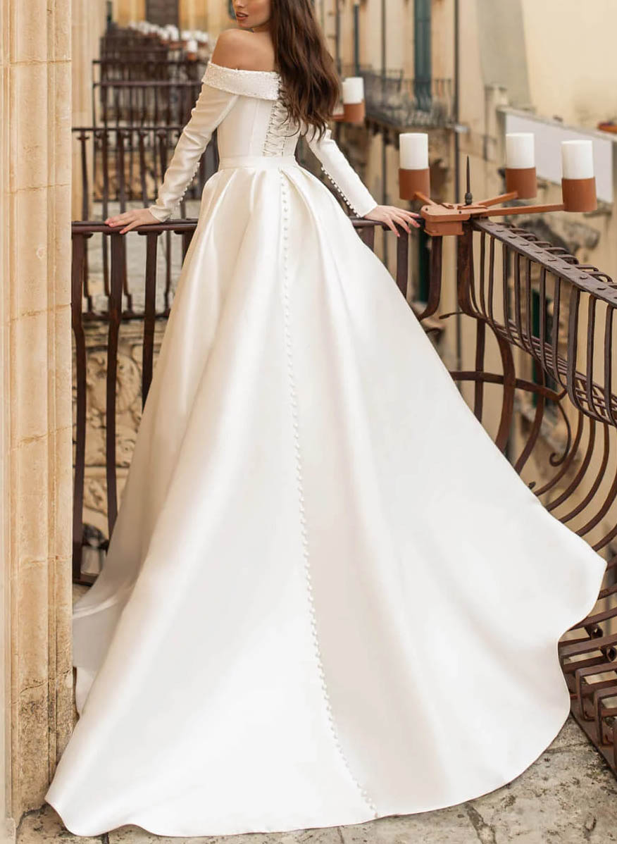Off-The-Shoulder Long Sleeves Pearl Detachable Wedding Dress-Showprettydress