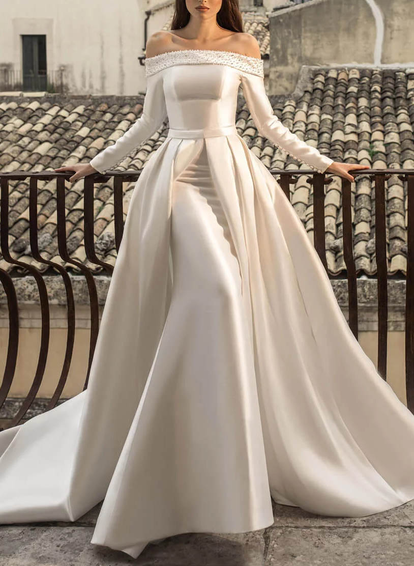 Off-The-Shoulder Long Sleeves Pearl Detachable Wedding Dress-Showprettydress