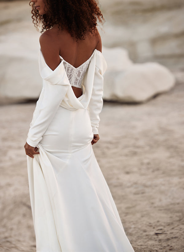 Off-The-Shoulder Long Sleeves Satin Wedding Dresses Sequins-Showprettydress