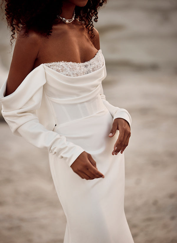 Off-The-Shoulder Long Sleeves Satin Wedding Dresses Sequins-Showprettydress