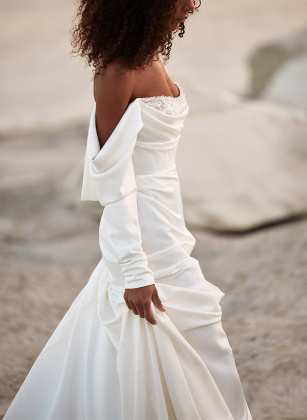 Off-The-Shoulder Long Sleeves Satin Wedding Dresses Sequins-Showprettydress