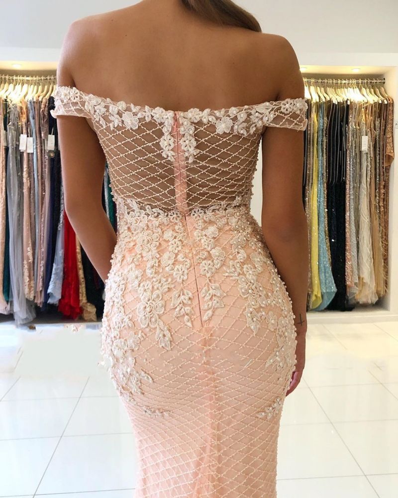 Off-the-shoulder Pink Lace Appliques Mermaid Evening Dress-showprettydress