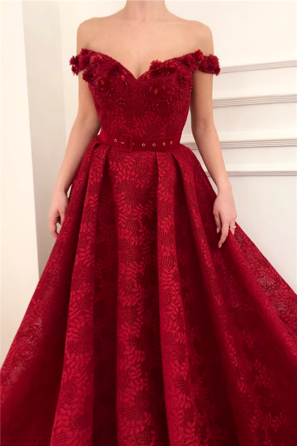 Off-the-Shoulder Ruby Lace Evening Dresses Chic Beading Appliques Flowers Prom Dresses-showprettydress