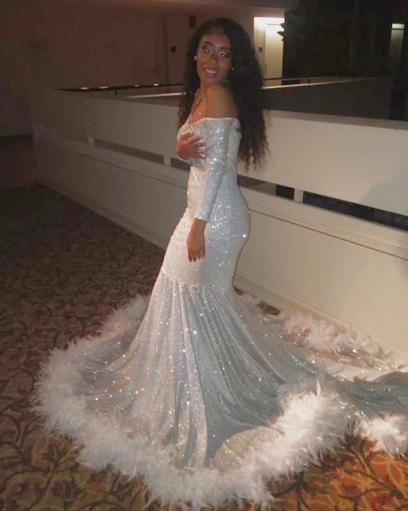 Off-the-shoulder Sequins Fur Trim Court Train Mermaid Prom Gowns-showprettydress