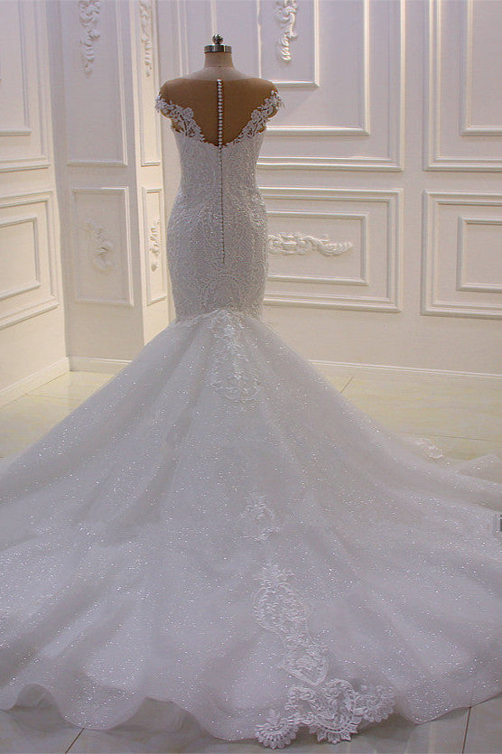 Off the Shoulder Sweetheart White Lace Appliques Tulle Mermaid Wedding Dress-showprettydress