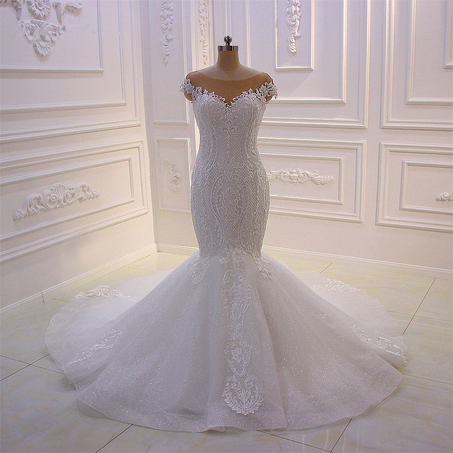 Off the Shoulder Sweetheart White Lace Appliques Tulle Mermaid Wedding Dress-showprettydress