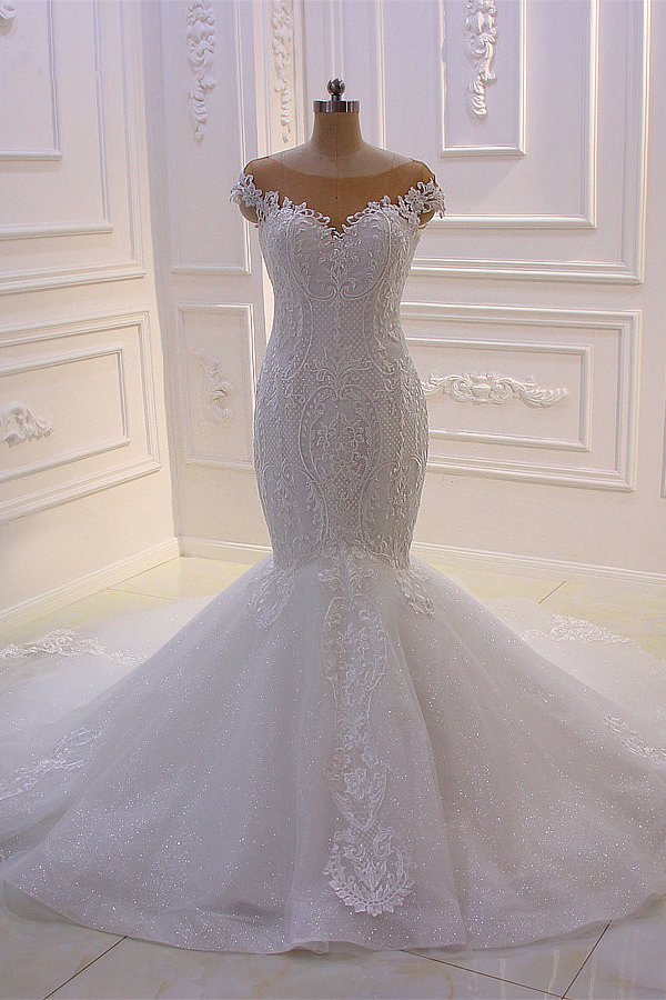 Off the Shoulder Sweetheart White Lace Appliques Tulle Mermaid Wedding Dress-showprettydress
