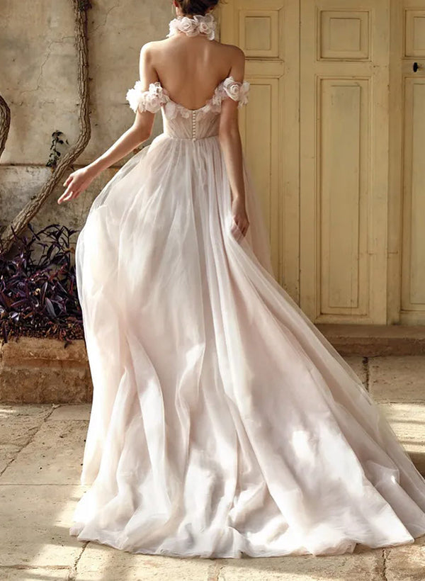 Off-The-Shoulder Tulle Flowers Wedding Dresses Romantic-Showprettydress