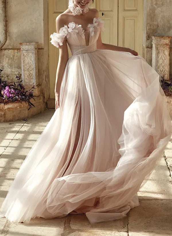 Off-The-Shoulder Tulle Flowers Wedding Dresses Romantic-Showprettydress