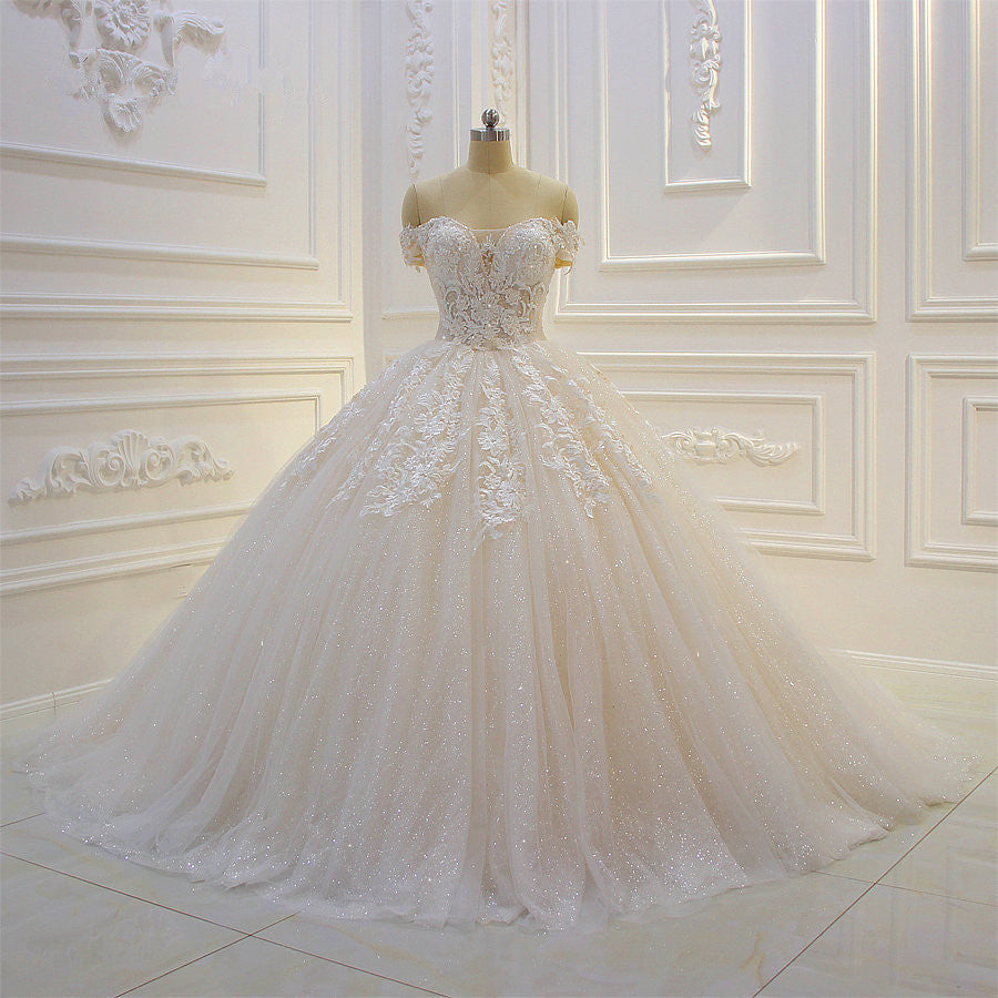 Off the shoulder Tulle Lace Appliques Sequined Wedding Dress-showprettydress