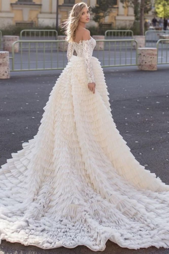 Off the Shoulder Wedding Gown Long Sleeves Floral Mermaid with Detachable Train-showprettydress