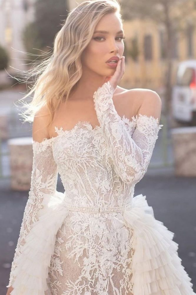 Off the Shoulder Wedding Gown Long Sleeves Floral Mermaid with Detachable Train-showprettydress