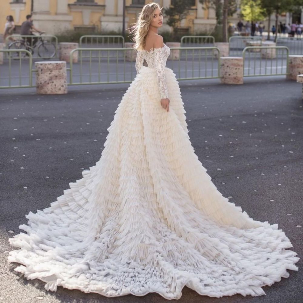Off the Shoulder Wedding Gown Long Sleeves Floral Mermaid with Detachable Train-showprettydress
