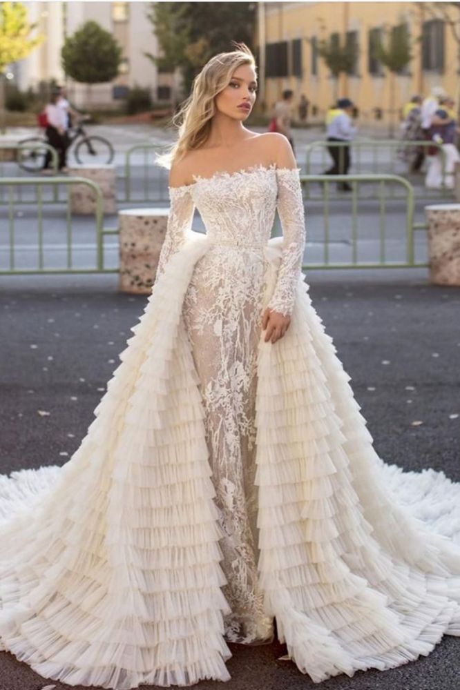 Off the Shoulder Wedding Gown Long Sleeves Floral Mermaid with Detachable Train-showprettydress